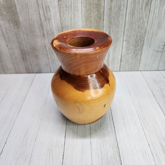 Vintage Glazed Crafted 6 1/2” Two Toned Wood Vase with Cracking - Picture 2 of 9